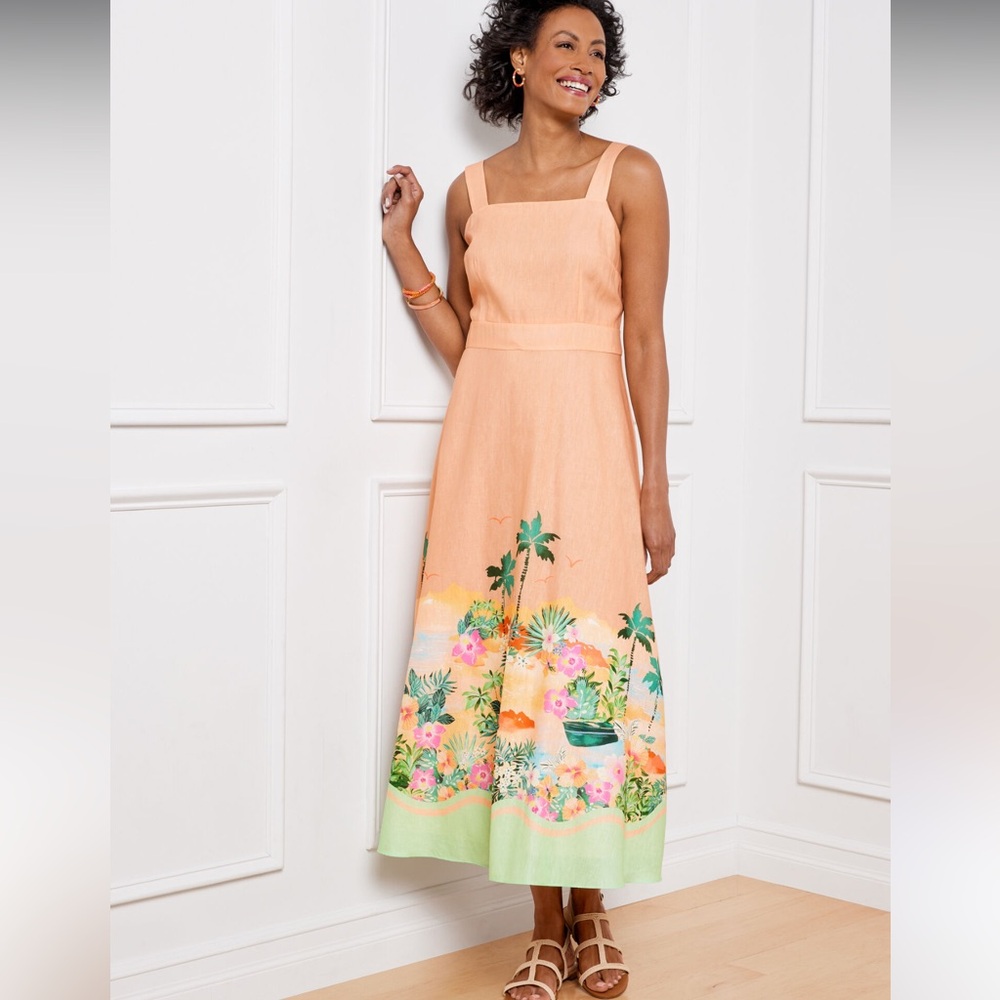 NWT TALBOTS SIZE 2P 2 petite LINEN MAXI DRESS‎ midi SUNSET HORIZON floral print